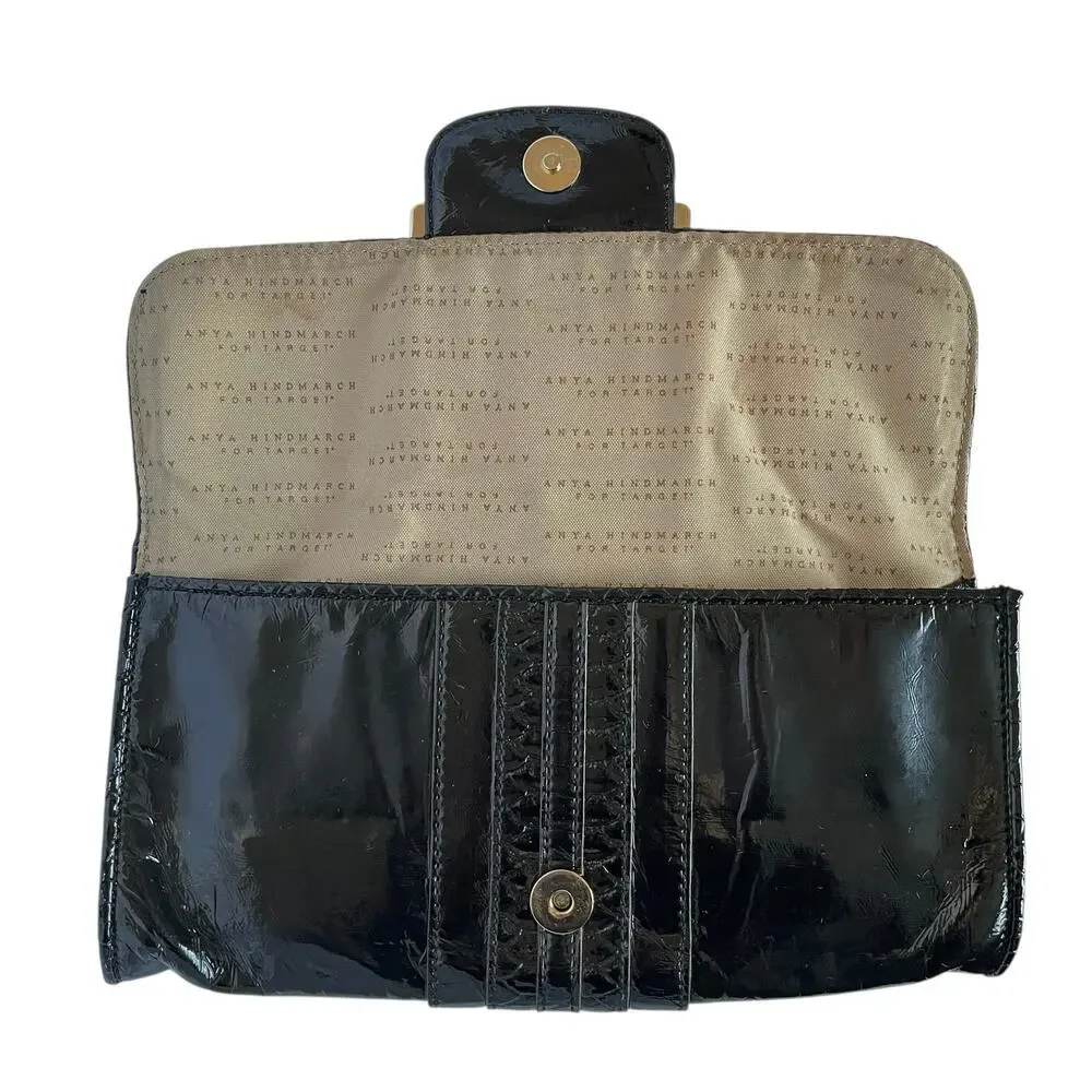 Y2K Anya Hindmarch x Target Black Patent Faux Leather Buckle Clutch Evening Bag